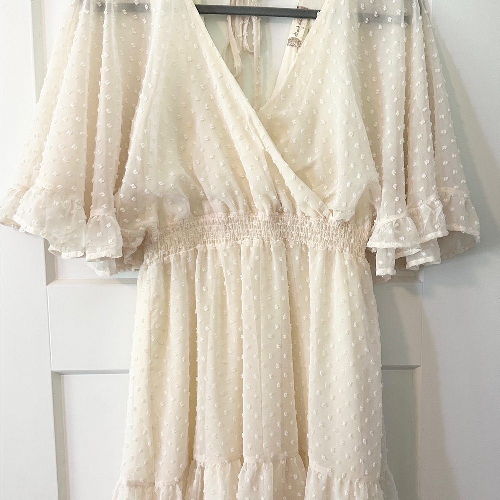 Altar’d State Cream Dress with Textured Polka Dots and Ruffles